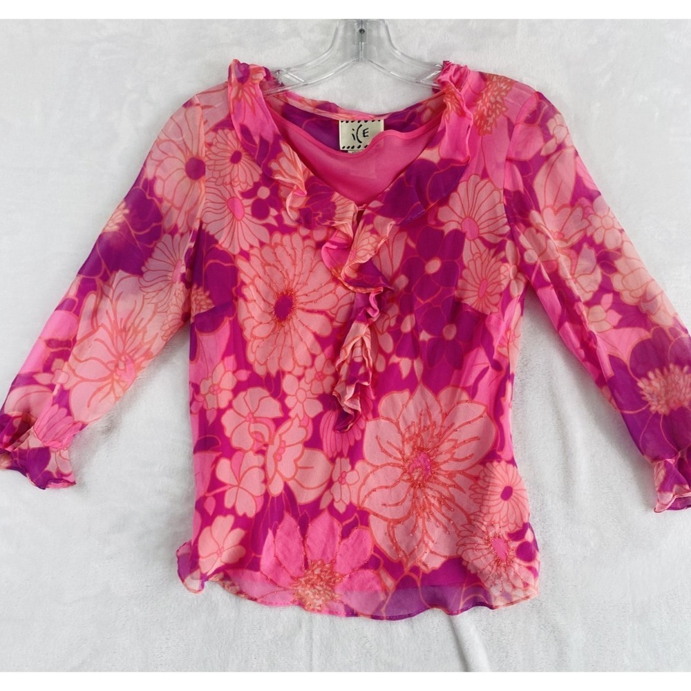 2/$30 iCE 100% Silk Blouse Top Women Sz S Pink Floral Lined Forest Fairy